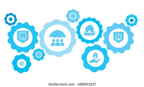 Connected gears and icons for logistic, service, shipping, distribution, transport, market, communicate concepts. Home, insurance, property, shield gear blue icon set