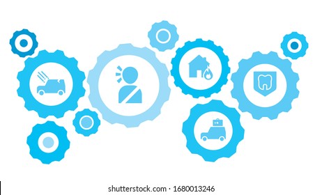 Connected gears and icons for logistic, service, shipping, distribution, transport, market, communicate concepts. Dental, insurance, shield, tooth gear blue icon set