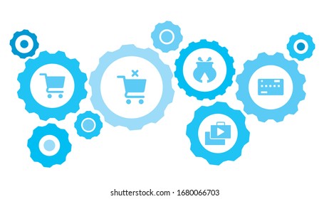 Gases conectados e iconos vectoriales para logística, servicio, envío, distribución, transporte, mercado, comunicación conceptos. Compra, conjunto de iconos azules del engranaje de la cesta