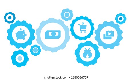 Connected gears and vector icons for logistic, service, shipping, distribution, transport, market, communicate concepts. Bag, play, store gear blue icon set