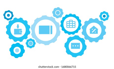 Connected gears and vector icons for logistic, service, shipping, distribution, transport, market, communicate concepts. Cinema, theater, ticket gear blue icon set