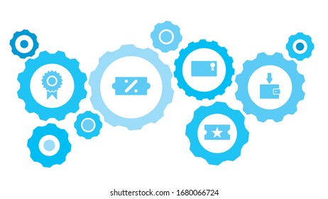 Connected gears and vector icons for logistic, service, shipping, distribution, transport, market, communicate concepts. Cinema, party, ticket gear blue icon set