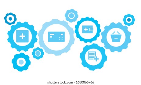 Connected gears and vector icons for logistic, service, shipping, distribution, transport, market, communicate concepts. Basket, remove, shopping gear blue icon set