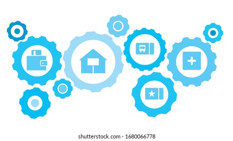Gases conectados e iconos vectoriales para logística, servicio, envío, distribución, transporte, mercado, comunicación conceptos. Canasta, comercio electrónico, conjunto de iconos azules del equipo de taller