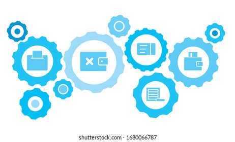 Connected gears and vector icons for logistic, service, shipping, distribution, transport, market, communicate concepts. House, sold gear blue icon set
