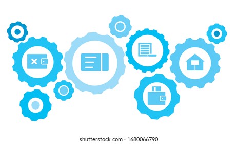 Gases conectados e iconos vectoriales para logística, servicio, envío, distribución, transporte, mercado, comunicación conceptos. Tarjeta, transporte, equipo de viaje, conjunto de iconos azul