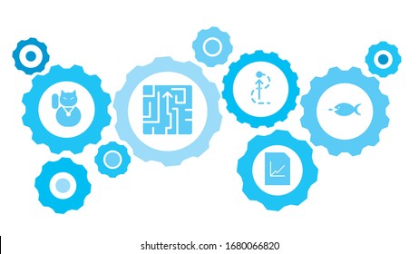 Connected gears and vector icons for logistic, service, shipping, distribution, transport, market, communicate concepts. Dollar, money, fire gear blue icon set