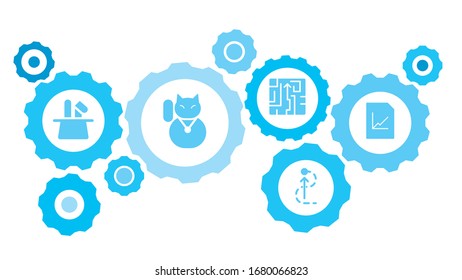 Verbundene Zahnräder und Vektorsymbole für Logistik, Service, Versand, Vertrieb, Transport, Markt, Kommunikationskonzepte. Bank, gebrochen,   Zahnradblau-Symbol-Set
