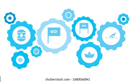 Connected gears and vector icons for logistic, service, shipping, distribution, transport, market, communicate concepts. Cat, lucky gear blue icon set