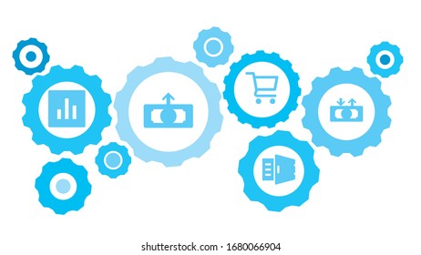 Connected gears and vector icons for logistic, service, shipping, distribution, transport, market, communicate concepts. Card, credit, money gear blue icon set