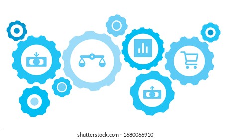 Connected gears and vector icons for logistic, service, shipping, distribution, transport, market, communicate concepts. Bag, shopping gear blue icon set
