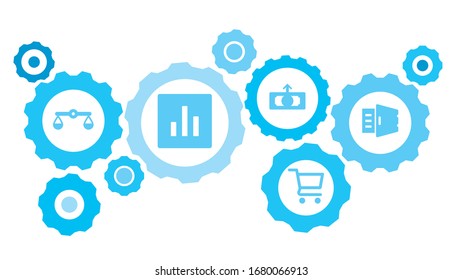 Connected gears and vector icons for logistic, service, shipping, distribution, transport, market, communicate concepts. Bag, market, shop gear blue icon set