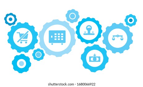 Connected gears and vector icons for logistic, service, shipping, distribution, transport, market, communicate concepts. Cashing, cash out, money gear blue icon set