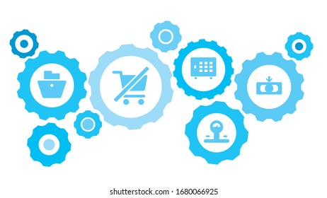 Connected gears and vector icons for logistic, service, shipping, distribution, transport, market, communicate concepts. Deposit, gold, safe gear blue icon set