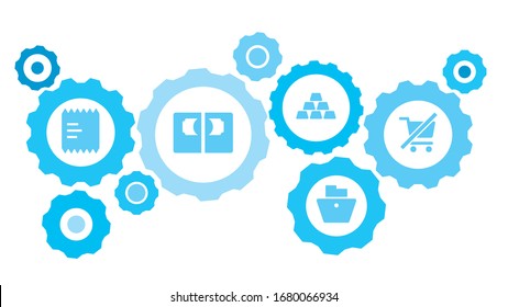 Connected gears and vector icons for logistic, service, shipping, distribution, transport, market, communicate concepts. Analytics, graph gear blue icon set