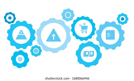 Connected gears and vector icons for logistic, service, shipping, distribution, transport, market, communicate concepts. Balance, scales gear blue icon set