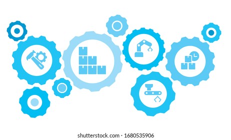 Connected gears and vector icons for logistic, service, shipping, distribution, transport, market, communicate concepts. Mass, production, package gear blue icon set