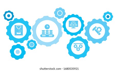 Gases conectados e iconos vectoriales para logística, servicio, envío, distribución, transporte, mercado, comunicación conceptos. Masa, producción, juego de iconos azules de martillo