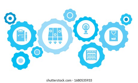 Connected gears and vector icons for logistic, service, shipping, distribution, transport, market, communicate concepts. Mass, production, 3d printer gear blue icon set