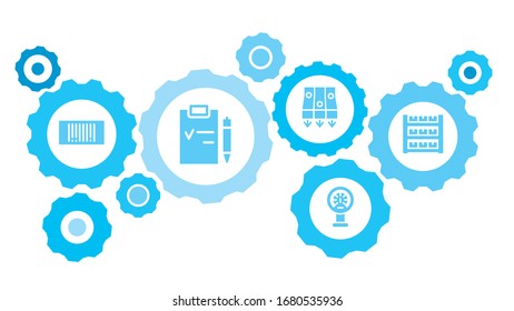 Connected gears and vector icons for logistic, service, shipping, distribution, transport, market, communicate concepts. Mass, production, stock gear blue icon set