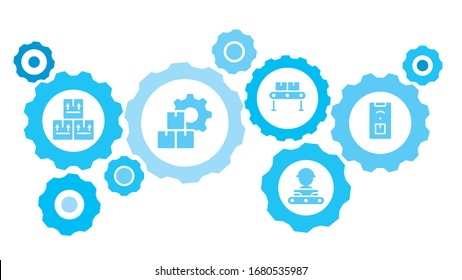 Connected gears and vector icons for logistic, service, shipping, distribution, transport, market, communicate concepts. Mass, production, app gear blue icon set