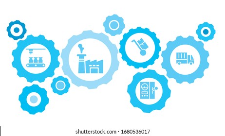 Gases conectados e iconos vectoriales para logística, servicio, envío, distribución, transporte, mercado, comunicación conceptos. Masa, producción, entrega equipo de coche conjunto de iconos azul