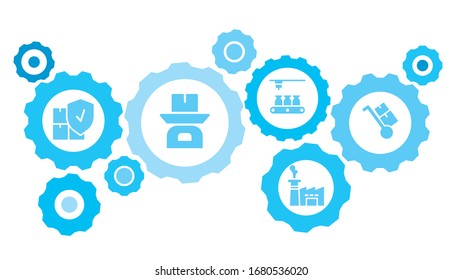Gases conectados e iconos vectoriales para logística, servicio, envío, distribución, transporte, mercado, comunicación conceptos. Masa, producción, conjunto de iconos azules de los engranajes del carro