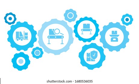Connected gears and vector icons for logistic, service, shipping, distribution, transport, market, communicate concepts. Mass, production, weight gear blue icon set