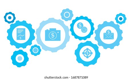Connected gears and vector icons for logistic, service, shipping, distribution, transport, market, communicate concepts. gear blue icon setclimate, cloud