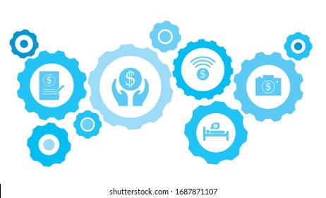 Connected gears and vector icons for logistic, service, shipping, distribution, transport, market, communicate concepts. gear blue icon setbusiness report, chart