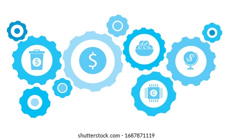 Connected gears and vector icons for logistic, service, shipping, distribution, transport, market, communicate concepts. gear blue icon setbusiness project, financial startup