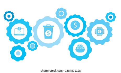Connected gears and vector icons for logistic, service, shipping, distribution, transport, market, communicate concepts. gear blue icon setbusiness, finance, mobile bank