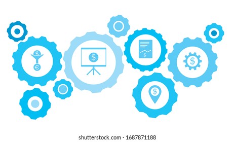 Connected gears and vector icons for logistic, service, shipping, distribution, transport, market, communicate concepts. gear blue icon setbusiness man, finance