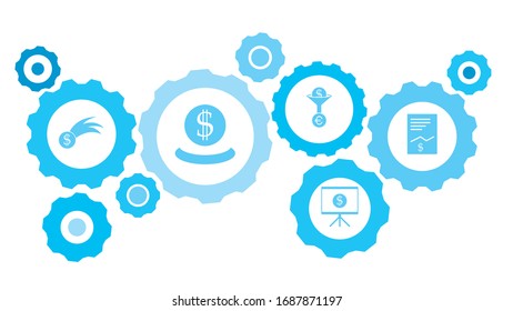 Connected gears and vector icons for logistic, service, shipping, distribution, transport, market, communicate concepts. gear blue icon setbusiness, electric