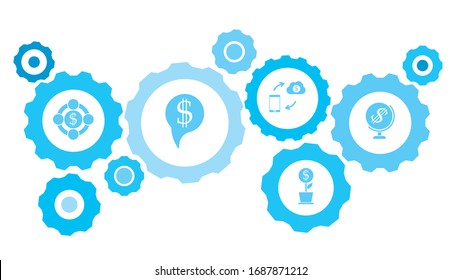 Connected gears and vector icons for logistic, service, shipping, distribution, transport, market, communicate concepts. gear blue icon setdistribution, finance
