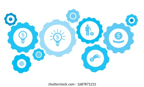 Connected gears and vector icons for logistic, service, shipping, distribution, transport, market, communicate concepts. gear blue icon setballoon, bid, chat