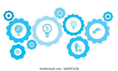 Connected gears and vector icons for logistic, service, shipping, distribution, transport, market, communicate concepts. gear blue icon setbusiness, collaboration