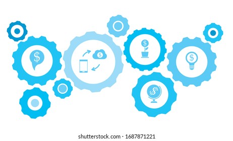 Connected gears and vector icons for logistic, service, shipping, distribution, transport, market, communicate concepts. gear blue icon setbusinessman, businessman