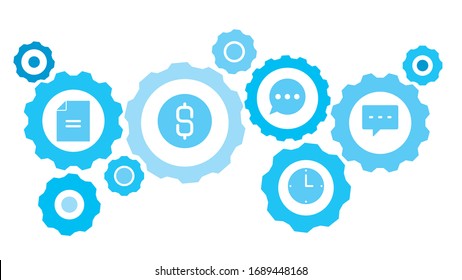 Gases conectados e iconos vectoriales para logística, servicio, envío, distribución, transporte, mercado, comunicación conceptos. chat, juego de iconos azul del engranaje de burbuja de chat