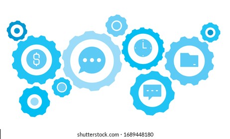 Connected gears and vector icons for logistic, service, shipping, distribution, transport, market, communicate concepts. folder gear blue icon set