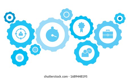 Connected gears and vector icons for logistic, service, shipping, distribution, transport, market, communicate concepts. avatars, users, contact gear blue icon set