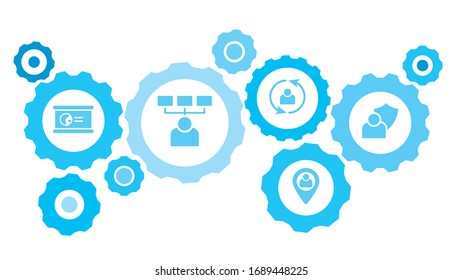 Connected gears and vector icons for logistic, service, shipping, distribution, transport, market, communicate concepts. user, security gear blue icon set