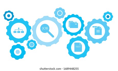 Connected gears and vector icons for logistic, service, shipping, distribution, transport, market, communicate concepts. reading gear blue icon set
