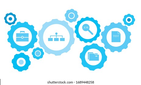 Gases conectados e iconos vectoriales para logística, servicio, envío, distribución, transporte, mercado, comunicación conceptos. prueba, conjunto de iconos azul del engranaje de archivo