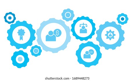 Connected gears and vector icons for logistic, service, shipping, distribution, transport, market, communicate concepts. setting, user gear blue icon set