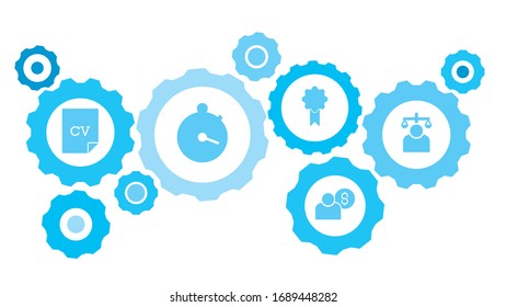 Connected gears and vector icons for logistic, service, shipping, distribution, transport, market, communicate concepts. balance, user gear blue icon set