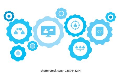 Connected gears and vector icons for logistic, service, shipping, distribution, transport, market, communicate concepts. cv gear blue icon set