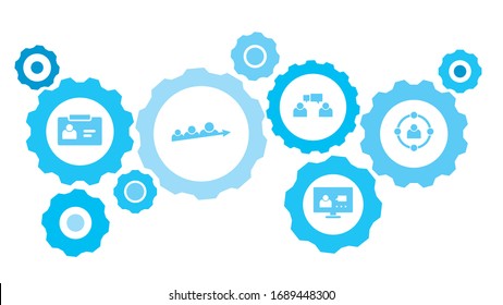 Connected gears and vector icons for logistic, service, shipping, distribution, transport, market, communicate concepts. skills, users, avatar gear blue icon set