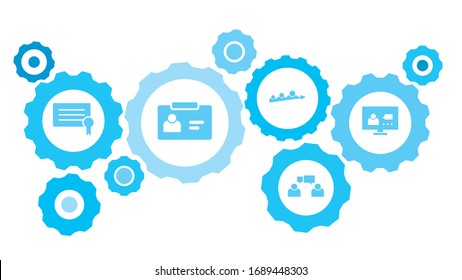 Gases conectados e iconos vectoriales para logística, servicio, envío, distribución, transporte, mercado, comunicación conceptos. equipo, vídeo, conferencia, los usuarios marcan el conjunto de iconos azul
