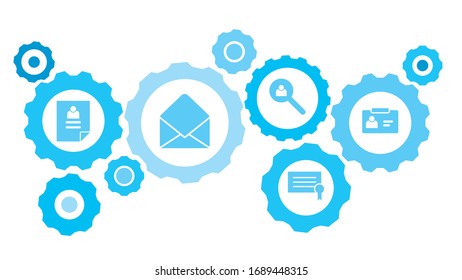 Connected gears and vector icons for logistic, service, shipping, distribution, transport, market, communicate concepts. id card gear blue icon set